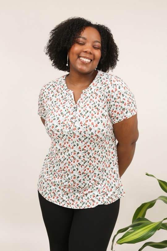 🌿 Blouse Rosalie – Imprimé vert & corail