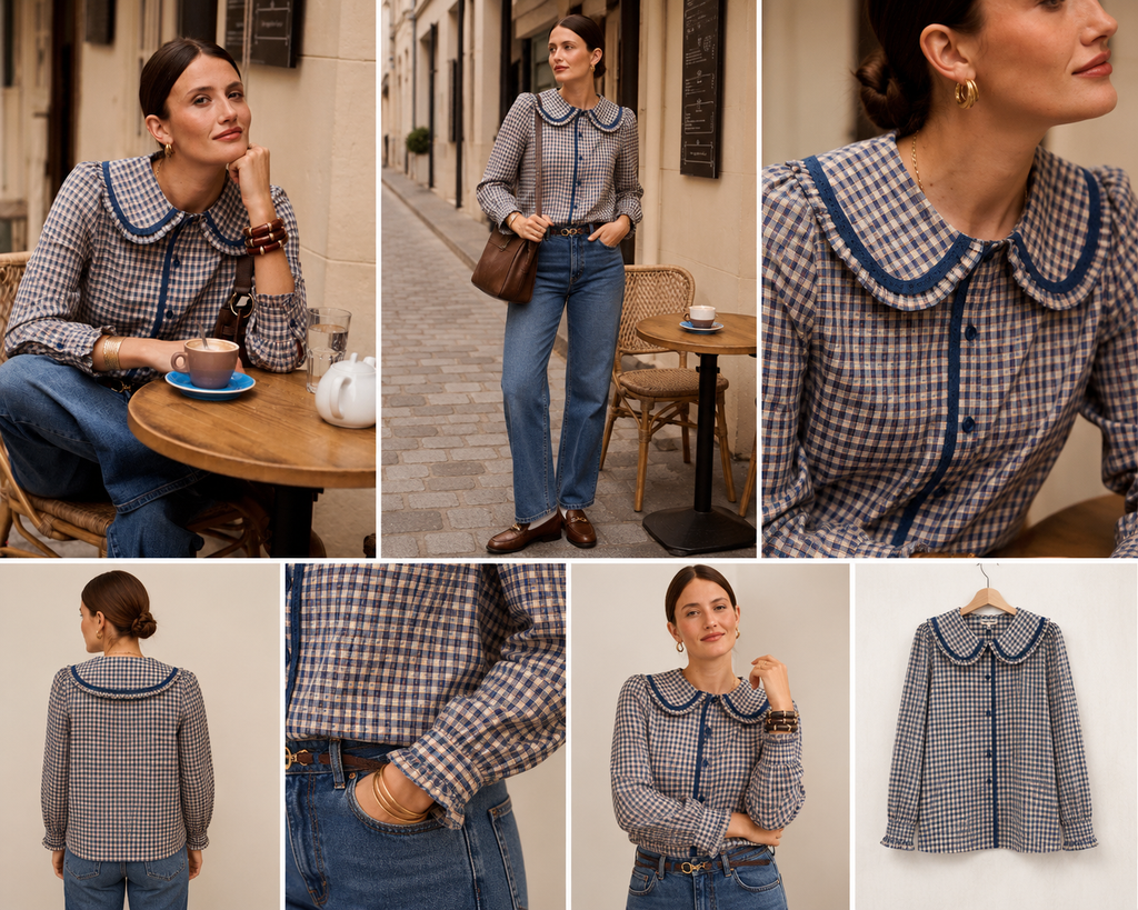 Blouse Madeleine – Vichy bleu & écru