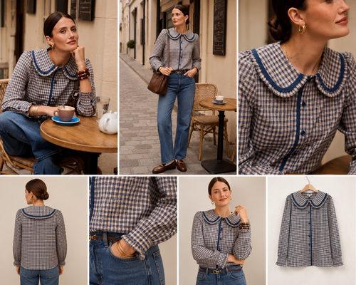 Blouse Madeleine – Vichy bleu & écru