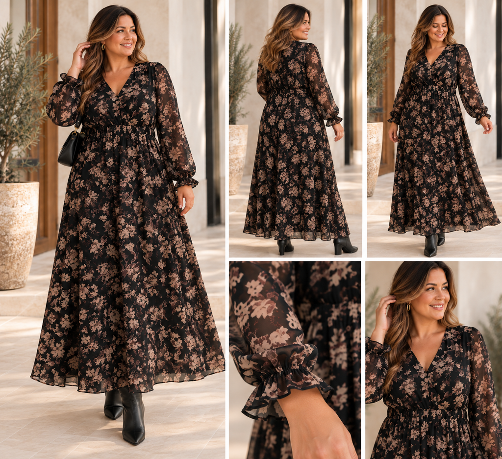 Robe longue Célestine – Imprimé floral – Tailles généreuses L au 4XL