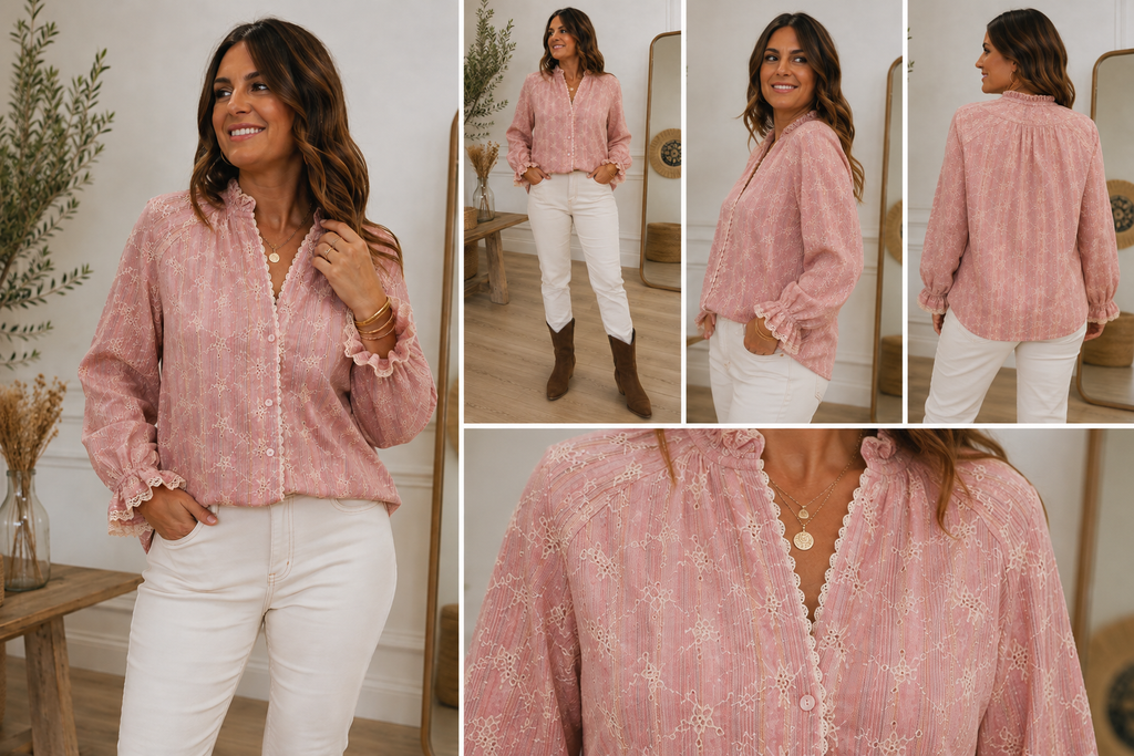 Chemisier Albane – Rose brodé