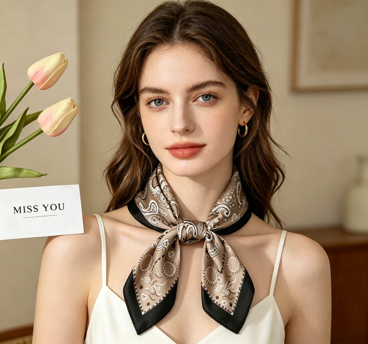 Foulard satiné Sienna – Imprimé cachemire beige, taupe et noir