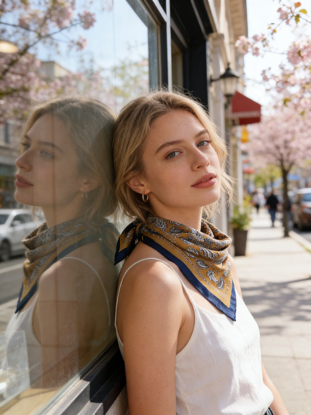 Foulard carré satiné Ambrosia – Imprimé cachemire ocre & marine