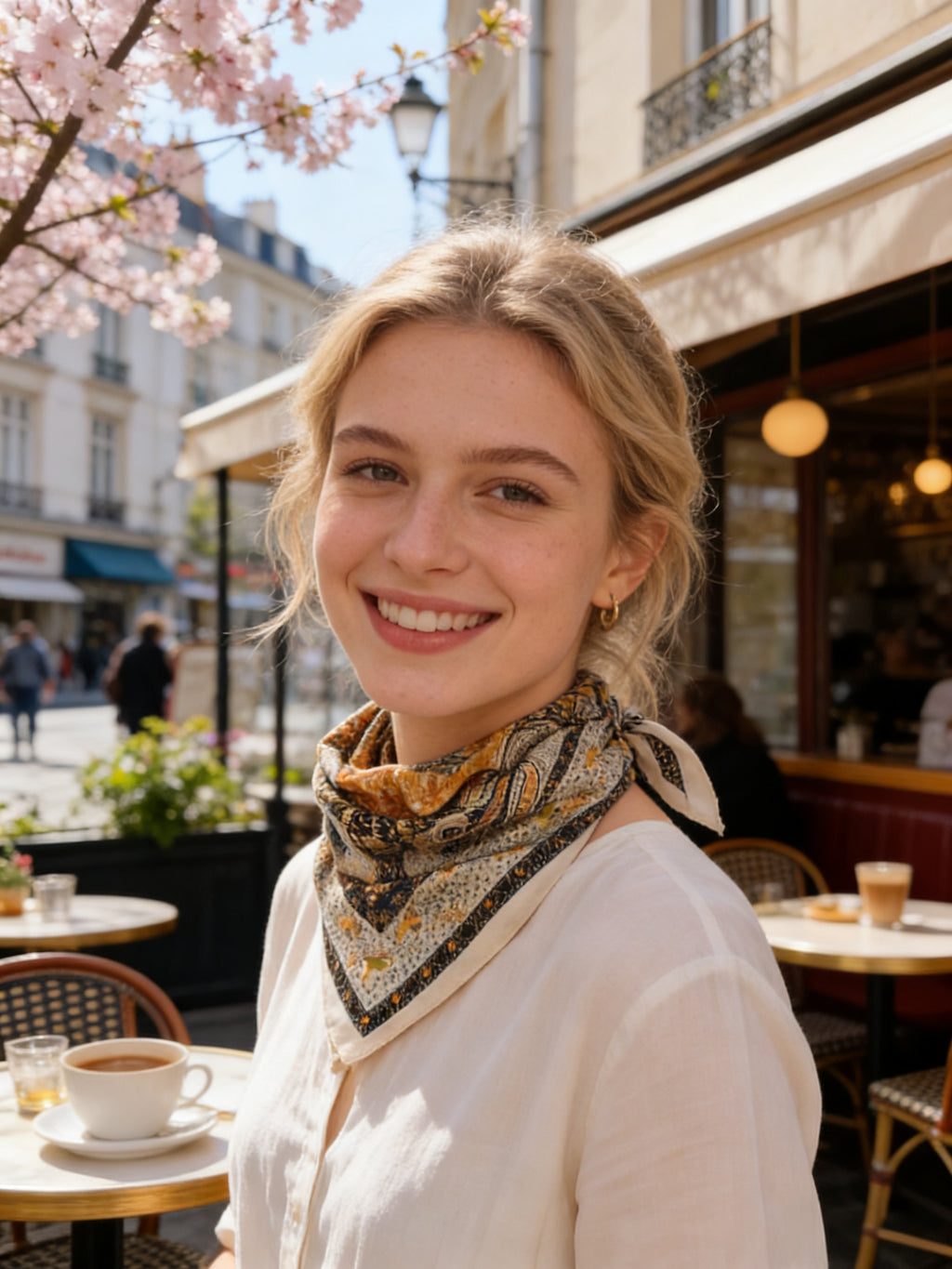 Foulard carré satiné Toscane – Imprimé cachemire caramel & noir