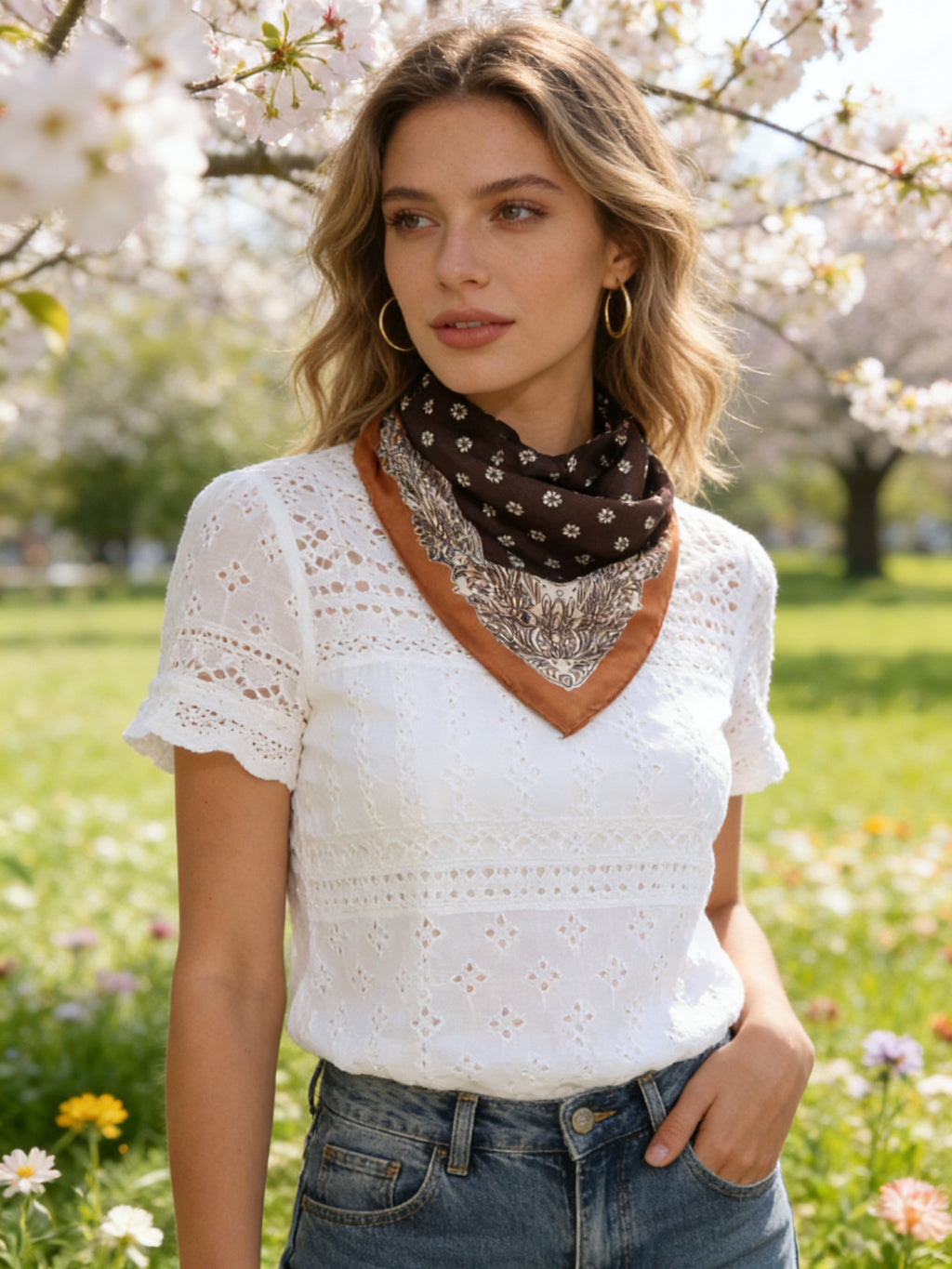 Foulard carré satiné Célestine – Camel & Noir – 70 × 70 cm