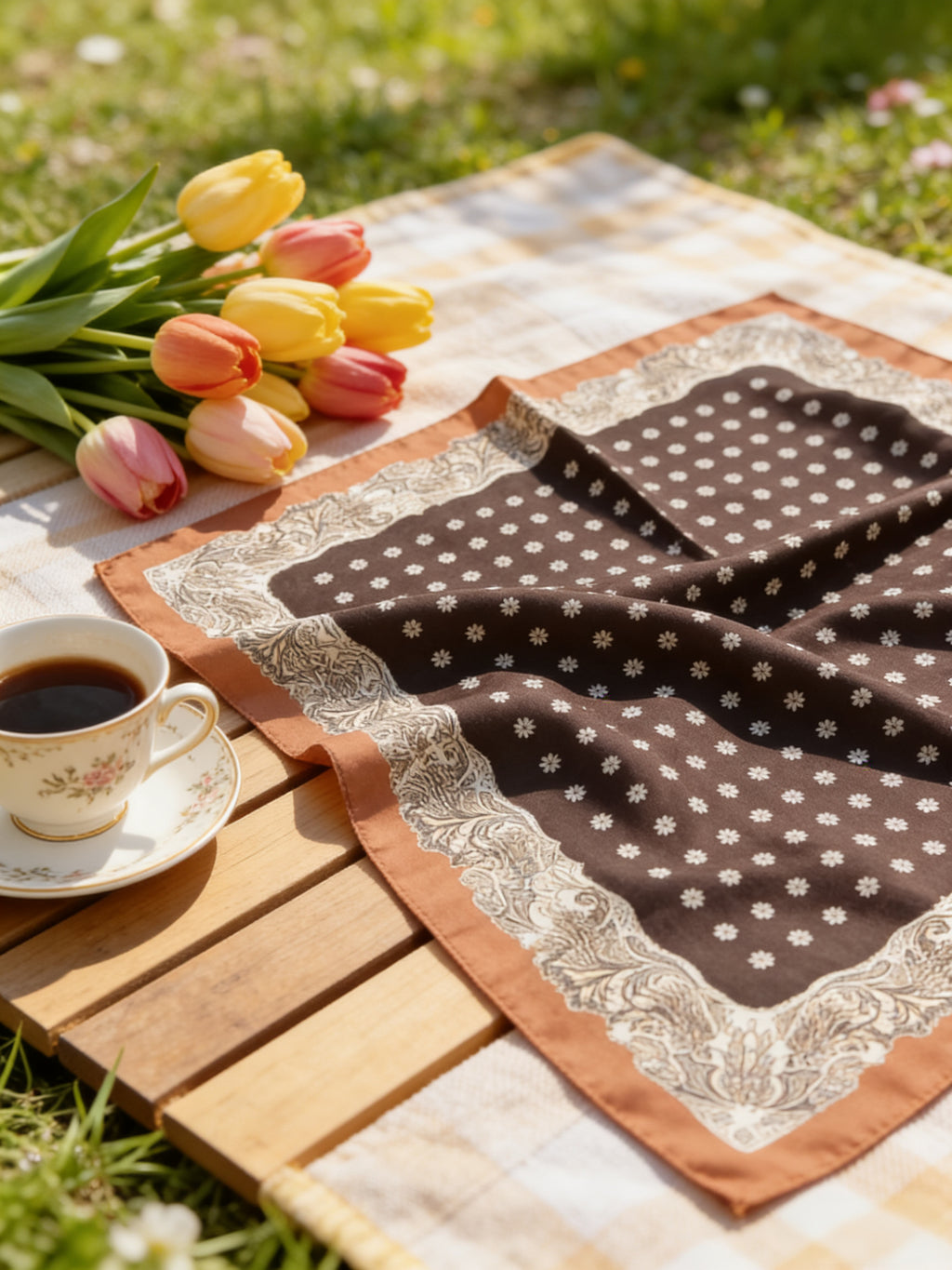 Foulard carré satiné Célestine – Camel & Noir – 70 × 70 cm