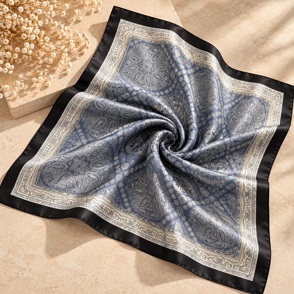 Foulard carré satiné Paloma – Imprimé cachemire bleu grisé & noir
