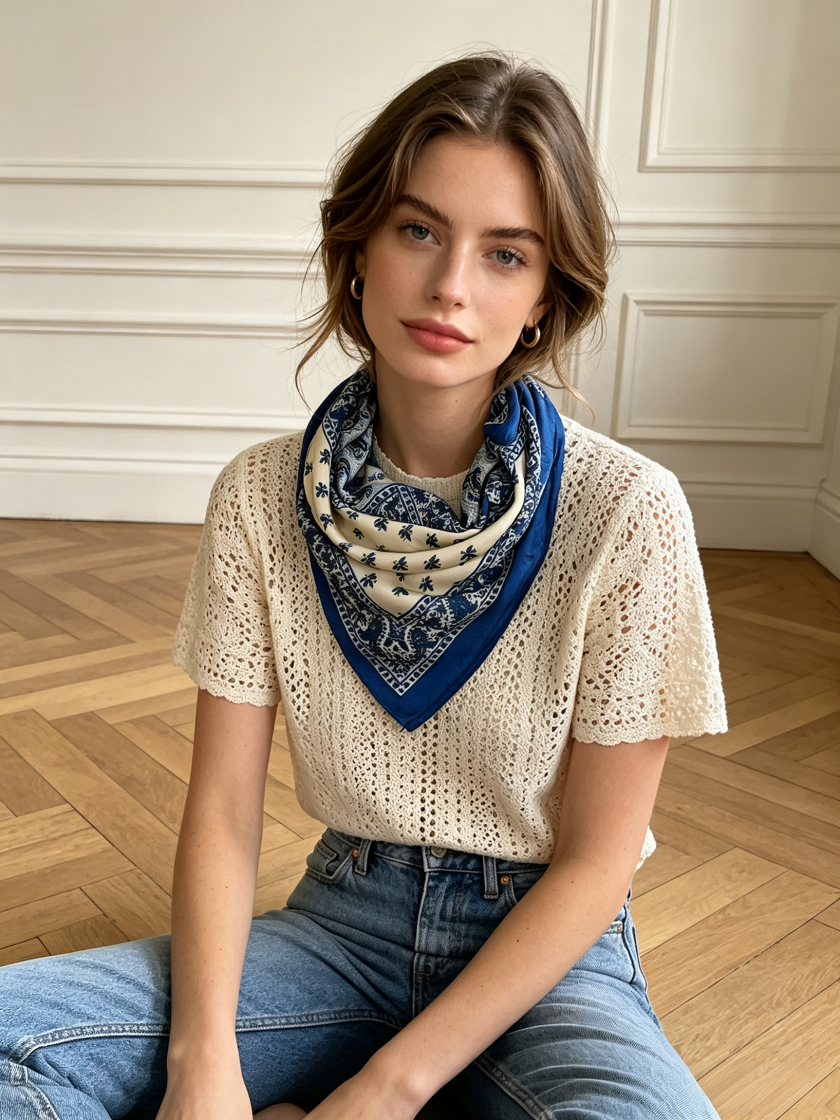 Foulard Soline – Carré imprimé bleu royal et écru 70 × 70 cm