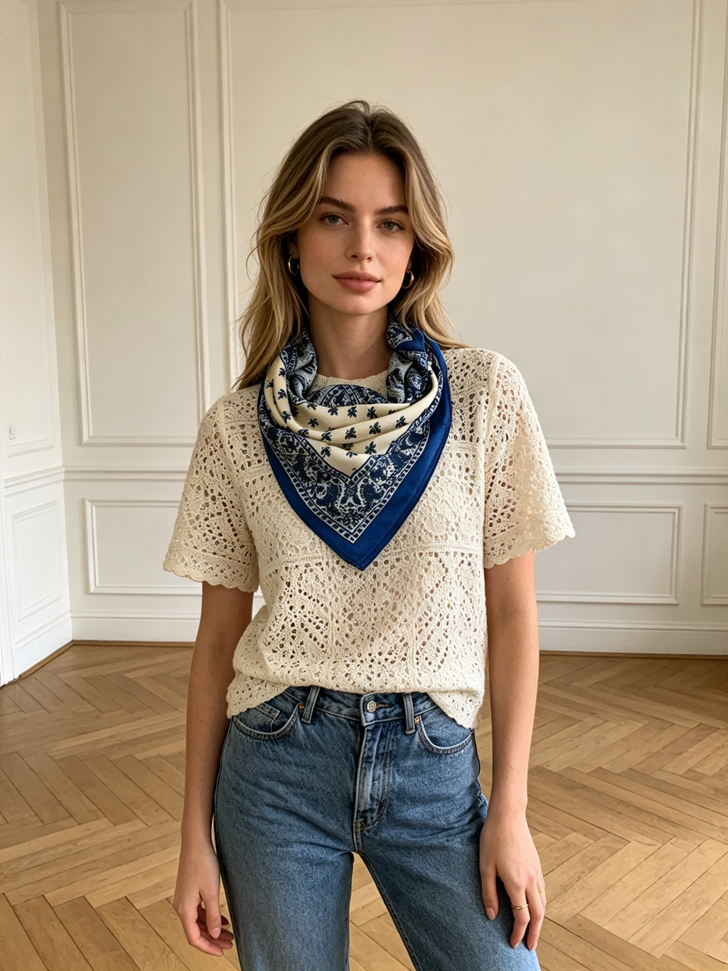 Foulard Soline – Carré imprimé bleu royal et écru 70 × 70 cm