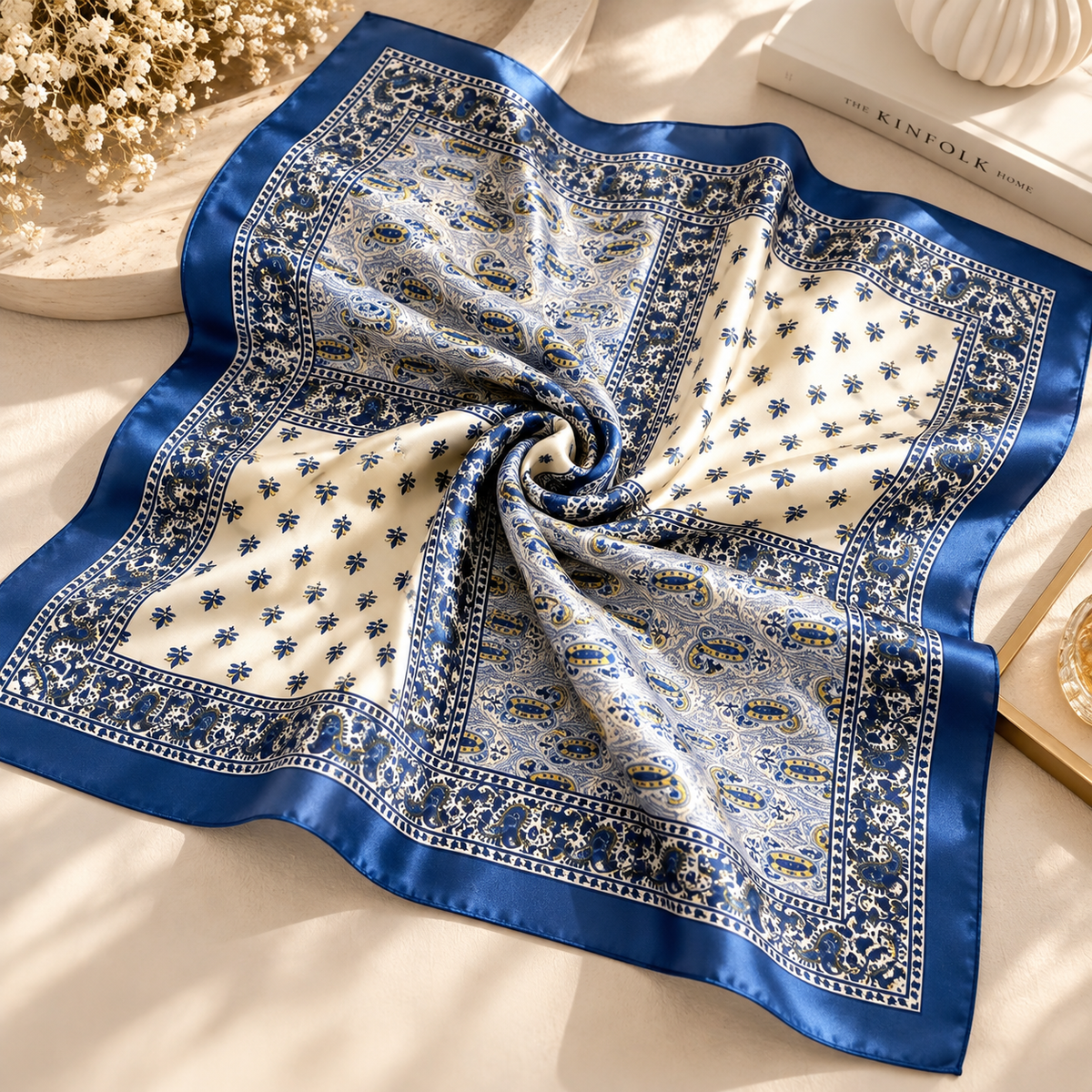 Foulard Soline – Carré imprimé bleu royal et écru 70 × 70 cm