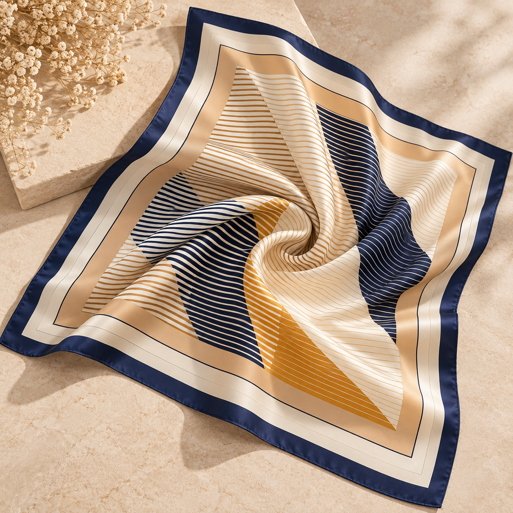 Foulard carré satiné Calista – Imprimé géométrique beige & marine