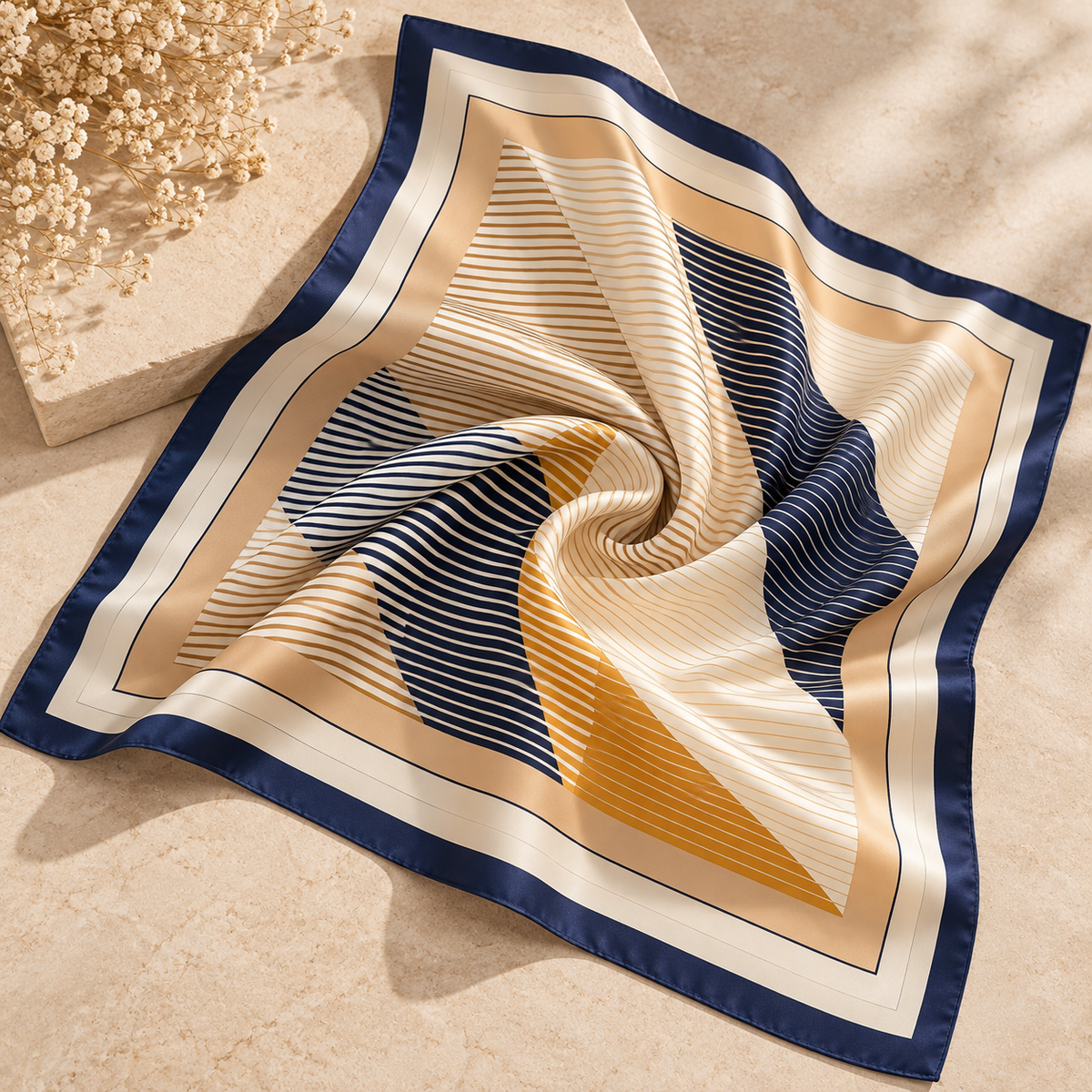 Foulard carré satiné Calista – Imprimé géométrique beige & marine