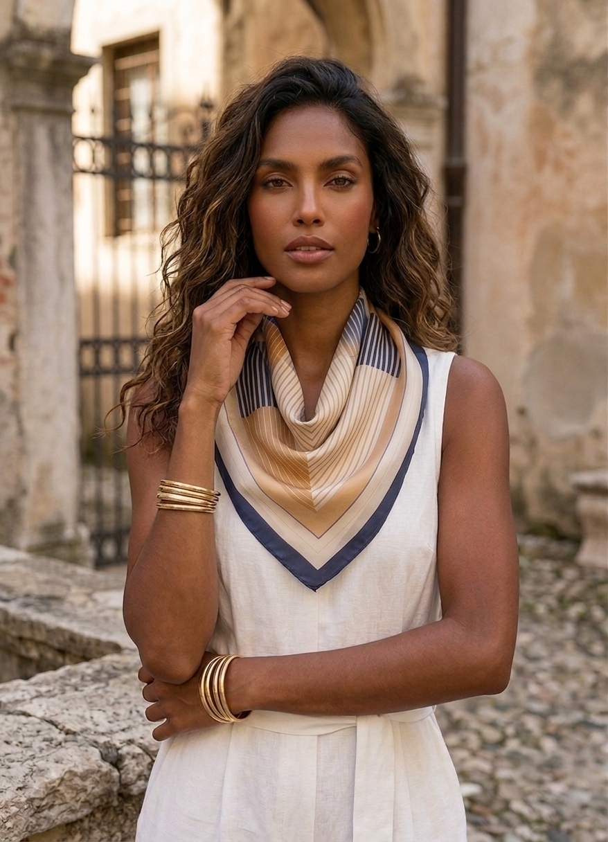 Foulard carré satiné Calista – Imprimé géométrique beige & marine