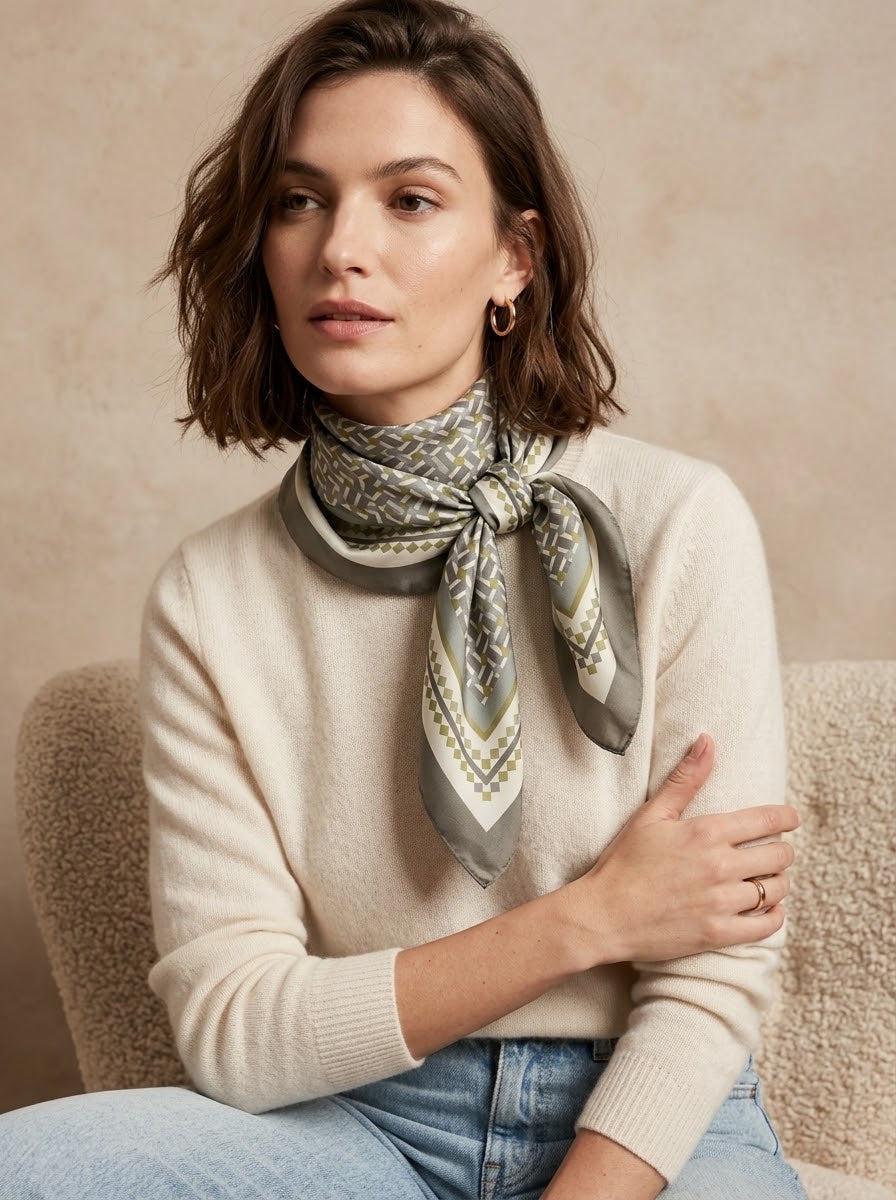 Foulard carré satiné Alba – Imprimé géométrique kaki & taupe