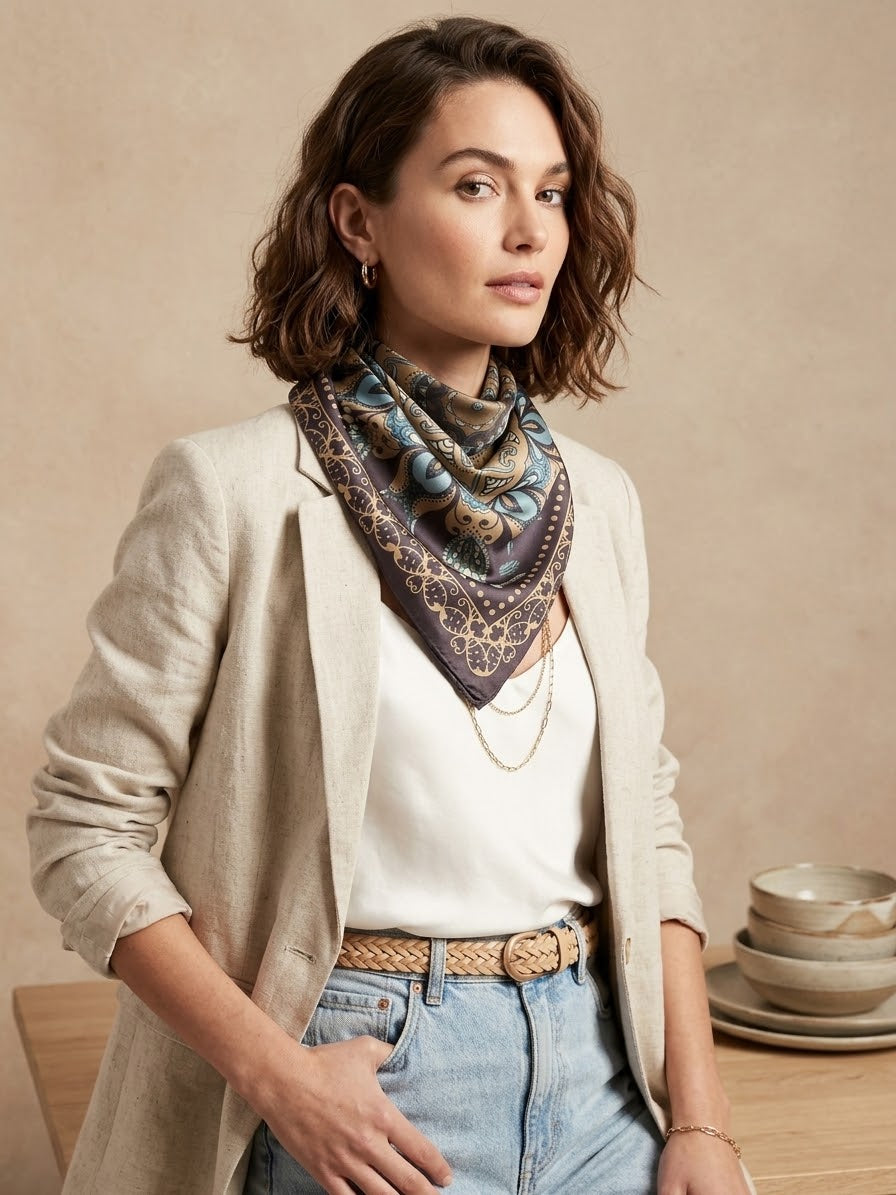 Foulard carré satiné Sélène – Motif mandala choco & bleu
