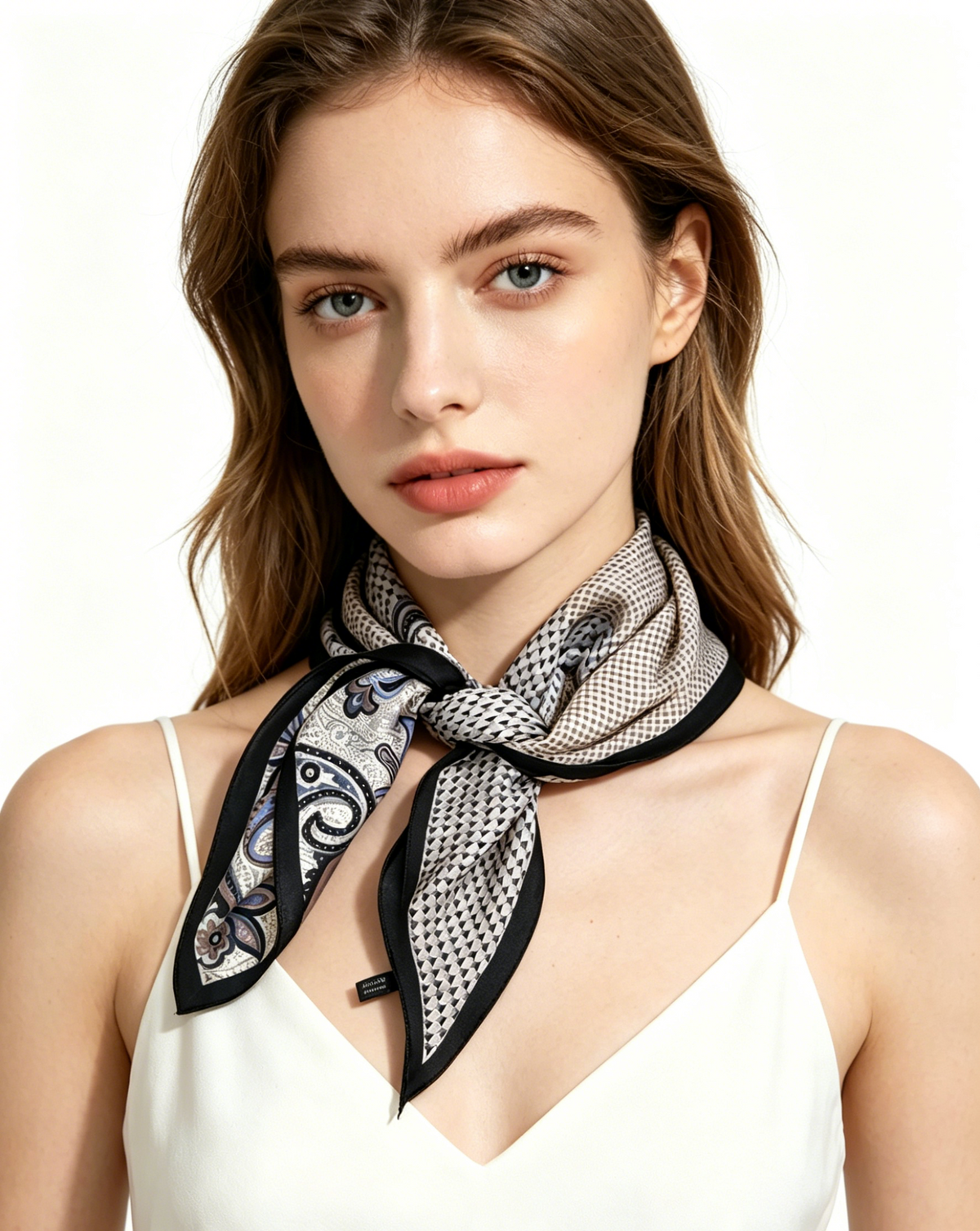 Foulard Thaïs – Carré imprimé noir, écru et taupe 70 × 70 cm