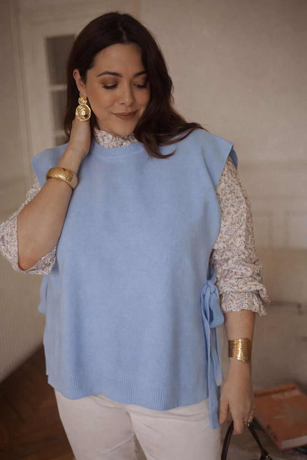 Pull sans manches grande taille à nouer “Céleste”