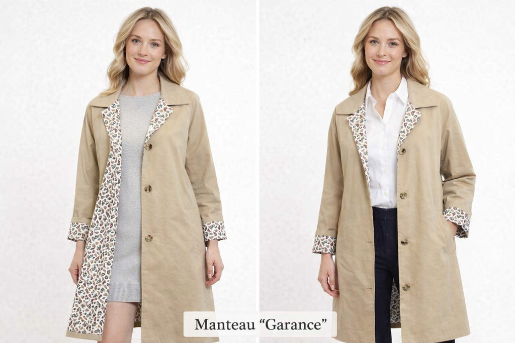 Garance - Manteau / trench mi-long réversible – Beige & imprimé