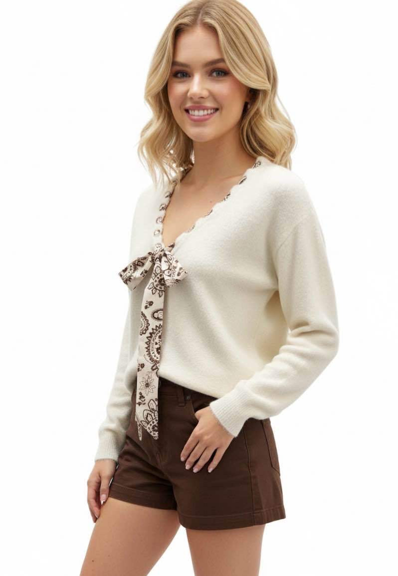 Cléo - Pull réversible à nœud foulard – Écru &amp; imprimé brun