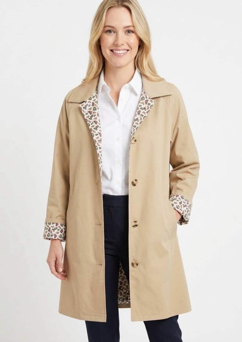 Garance - Manteau / trench mi-long réversible – Beige & imprimé