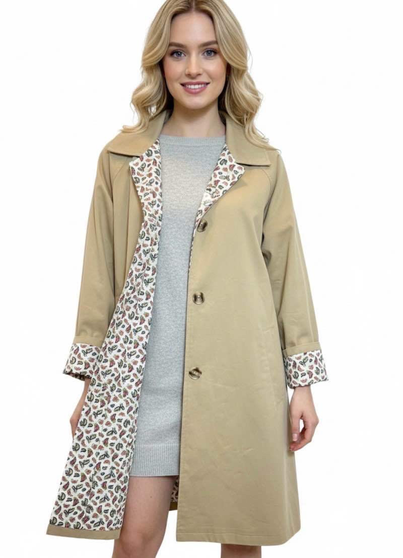 Garance - Manteau / trench mi-long réversible – Beige & imprimé