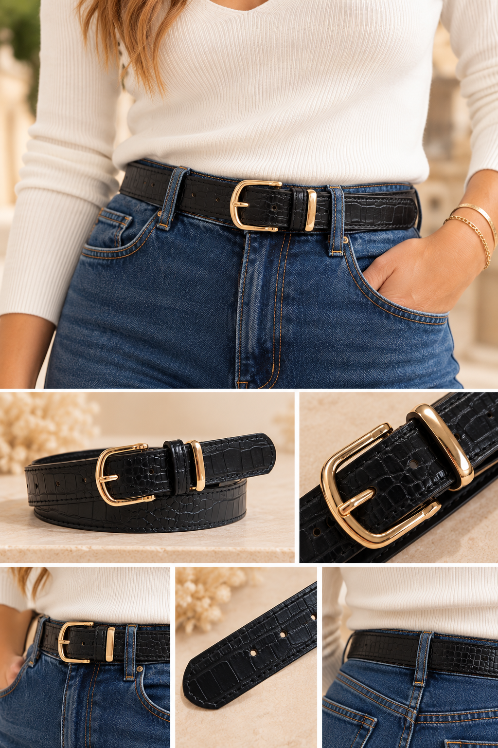 Ceinture Romy – Effet croco & boucle dorée