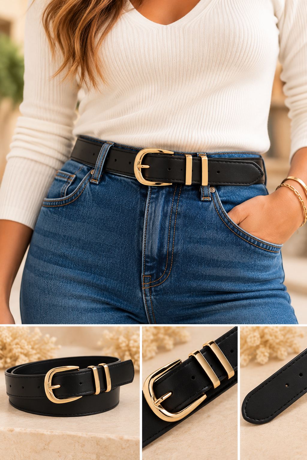 Ceinture Célia – Noire lisse à boucle dorée