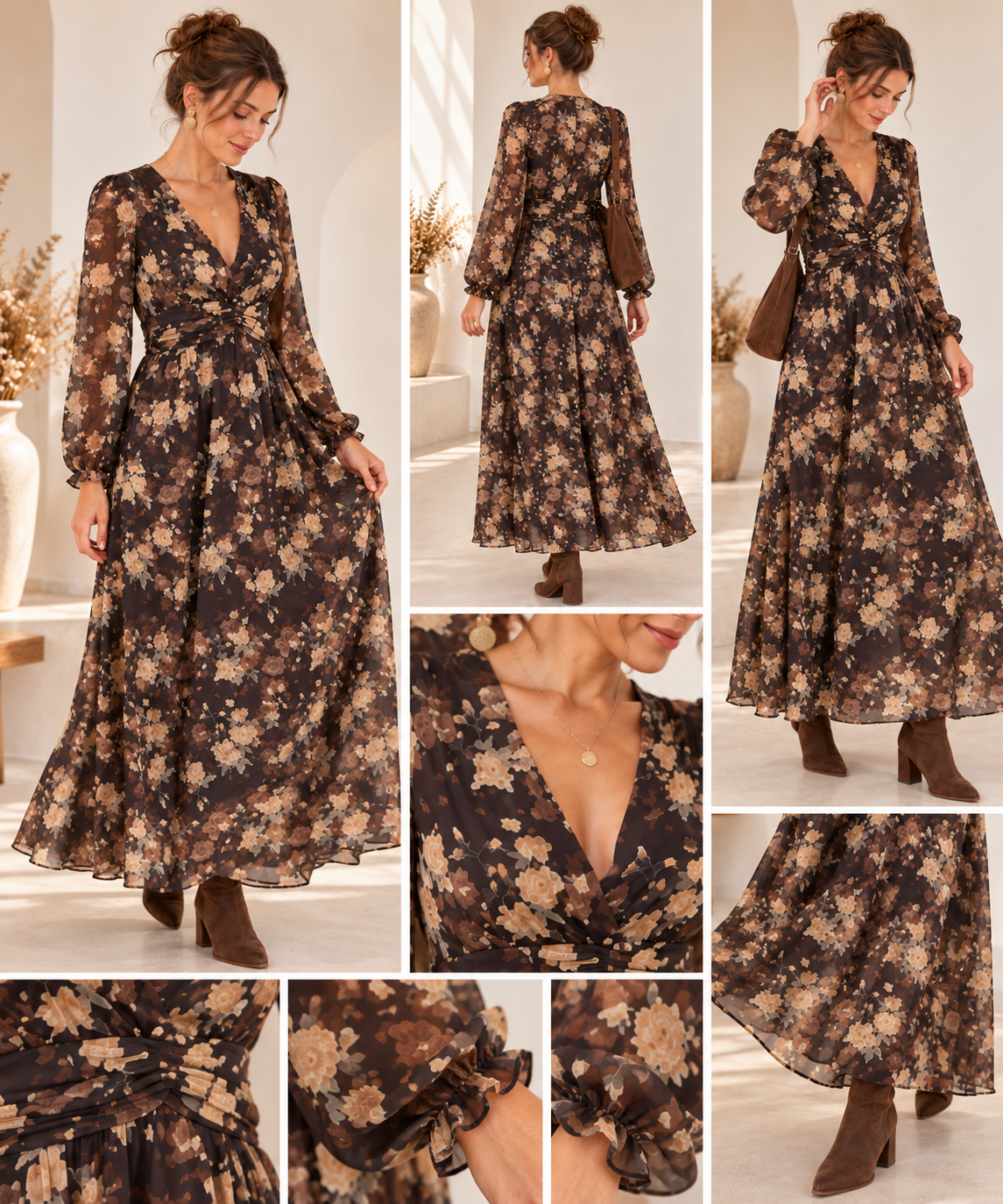 Robe longue Estelle – Imprimé floral chocolat