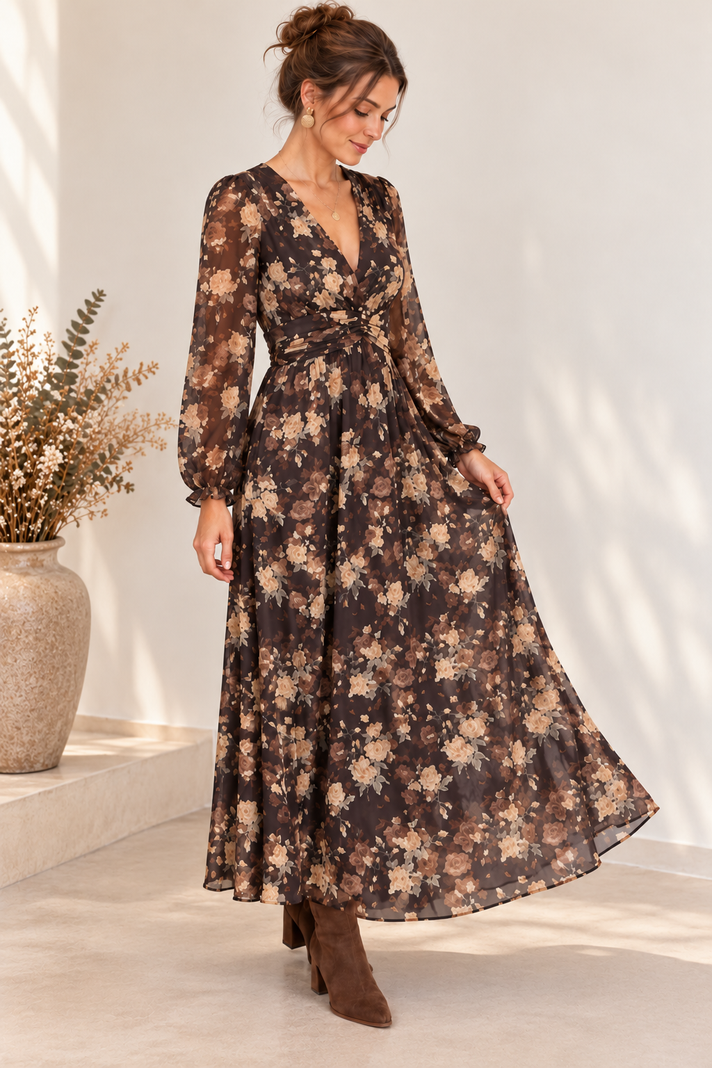 Robe longue Estelle – Imprimé floral chocolat