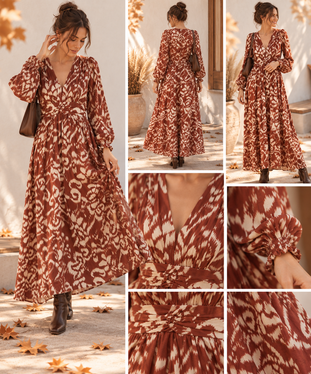 Robe longue Thaïs – Imprimé graphique terracotta