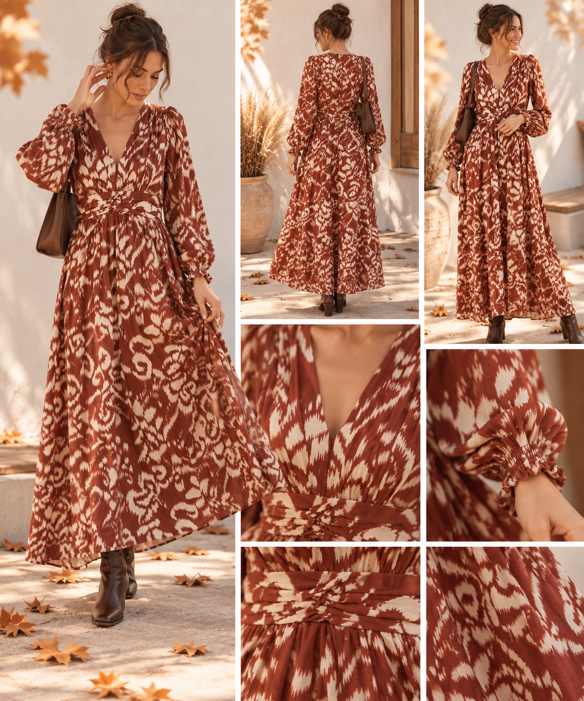 Robe longue Thaïs – Imprimé graphique terracotta