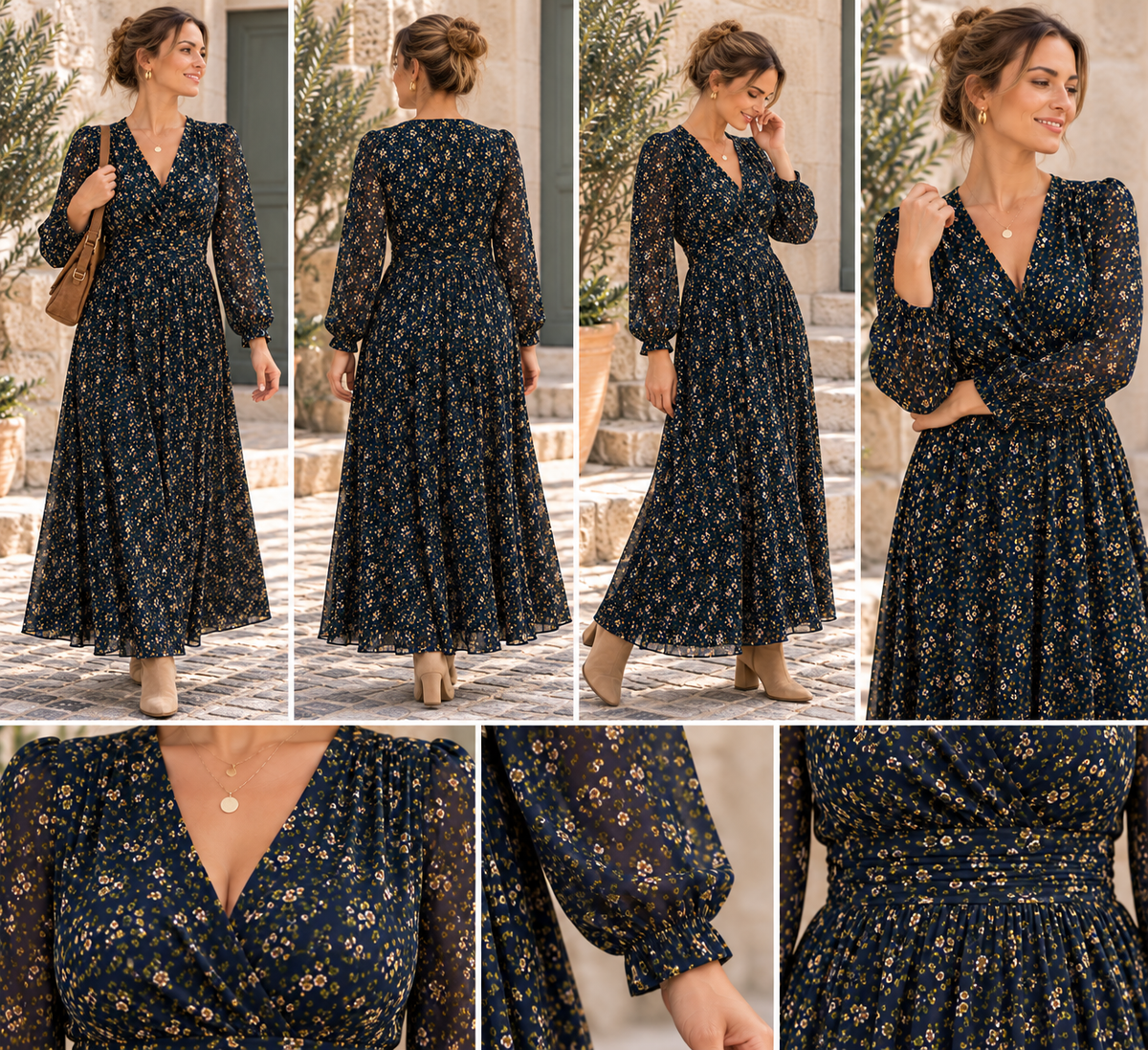 Robe longue Romane – Marine fleurie