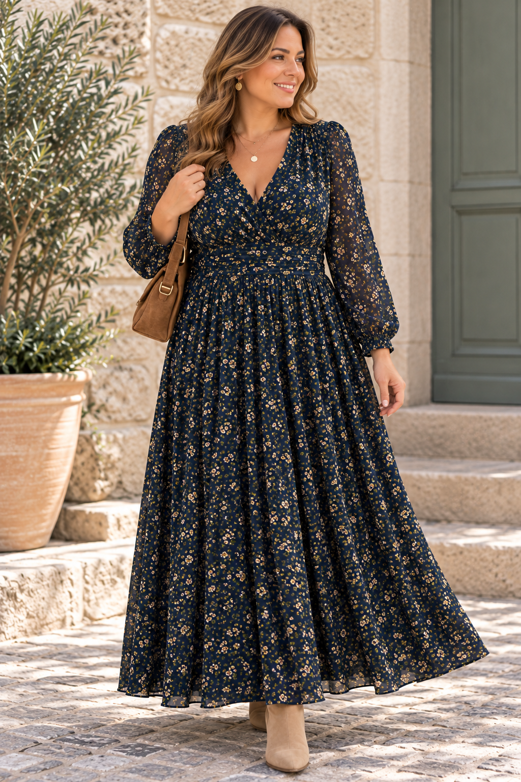 Robe longue Romane – Noire fleurie – Tailles généreuses