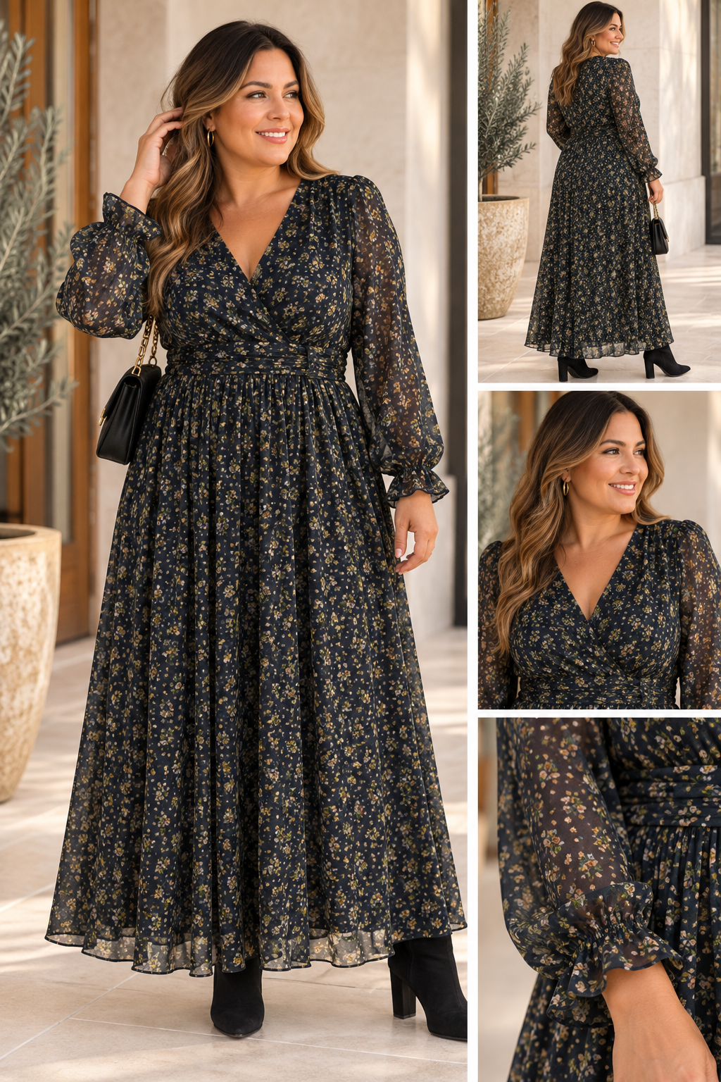 Robe longue Romane – Noire fleurie – Tailles généreuses