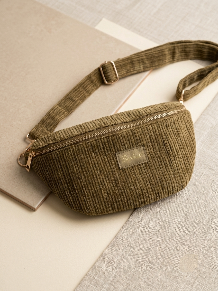 Sac banane Suzette – Velours côtelé – Kaki, Marron & Rouge