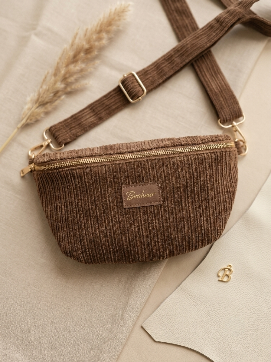 Sac banane Suzette – Velours côtelé – Kaki, Marron & Rouge