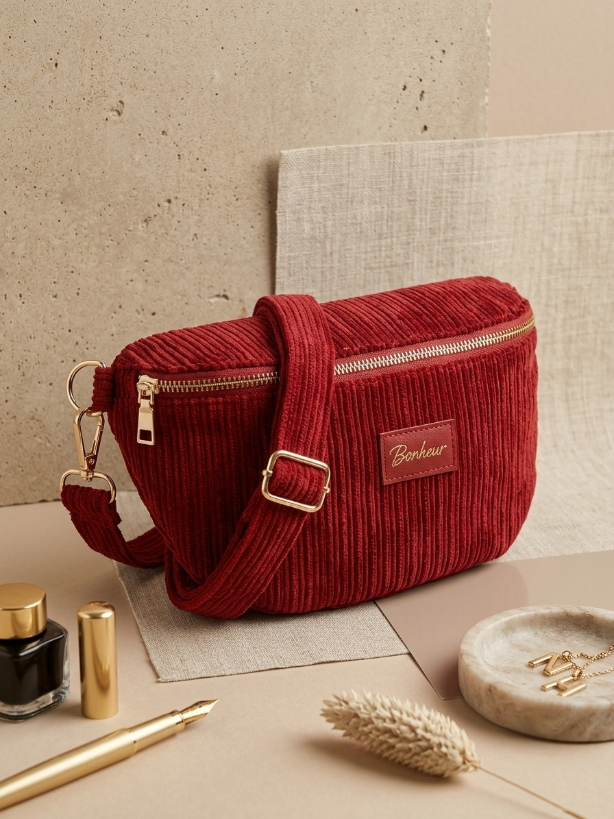 Sac banane Suzette – Velours côtelé – Kaki, Marron & Rouge