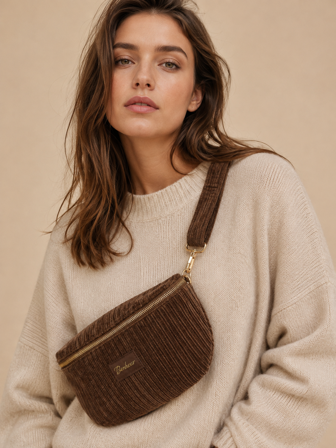 Sac banane Suzette – Velours côtelé – Kaki, Marron & Rouge