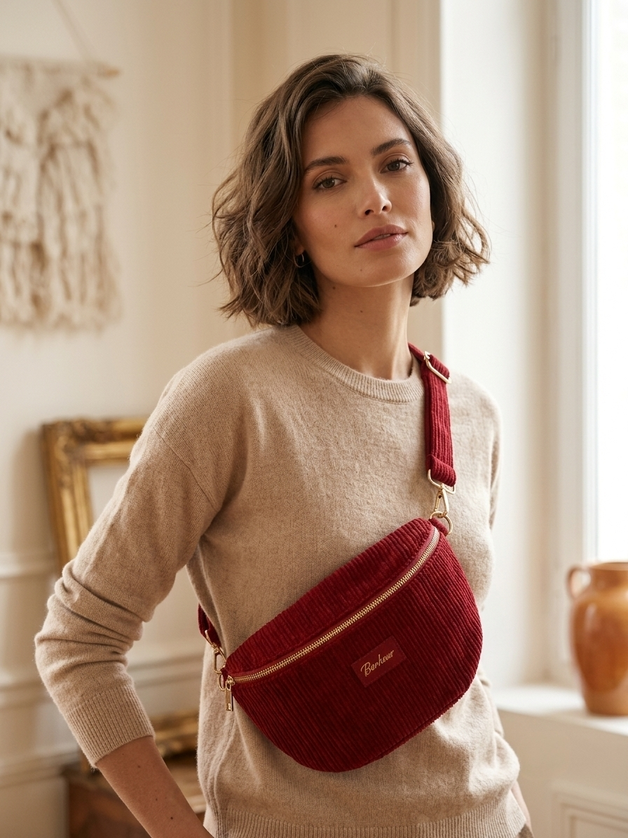 Sac banane Suzette – Velours côtelé – Kaki, Marron & Rouge
