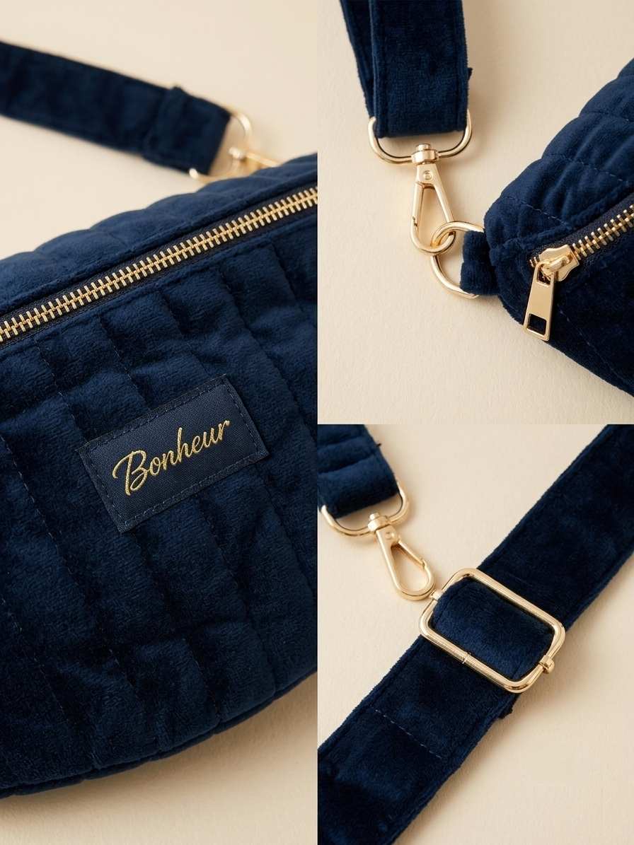 Sac banane Bonheur – Velours matelassé – Marine & Taupe
