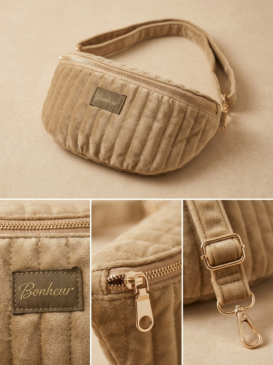 Sac banane Bonheur – Velours matelassé – Marine & Taupe
