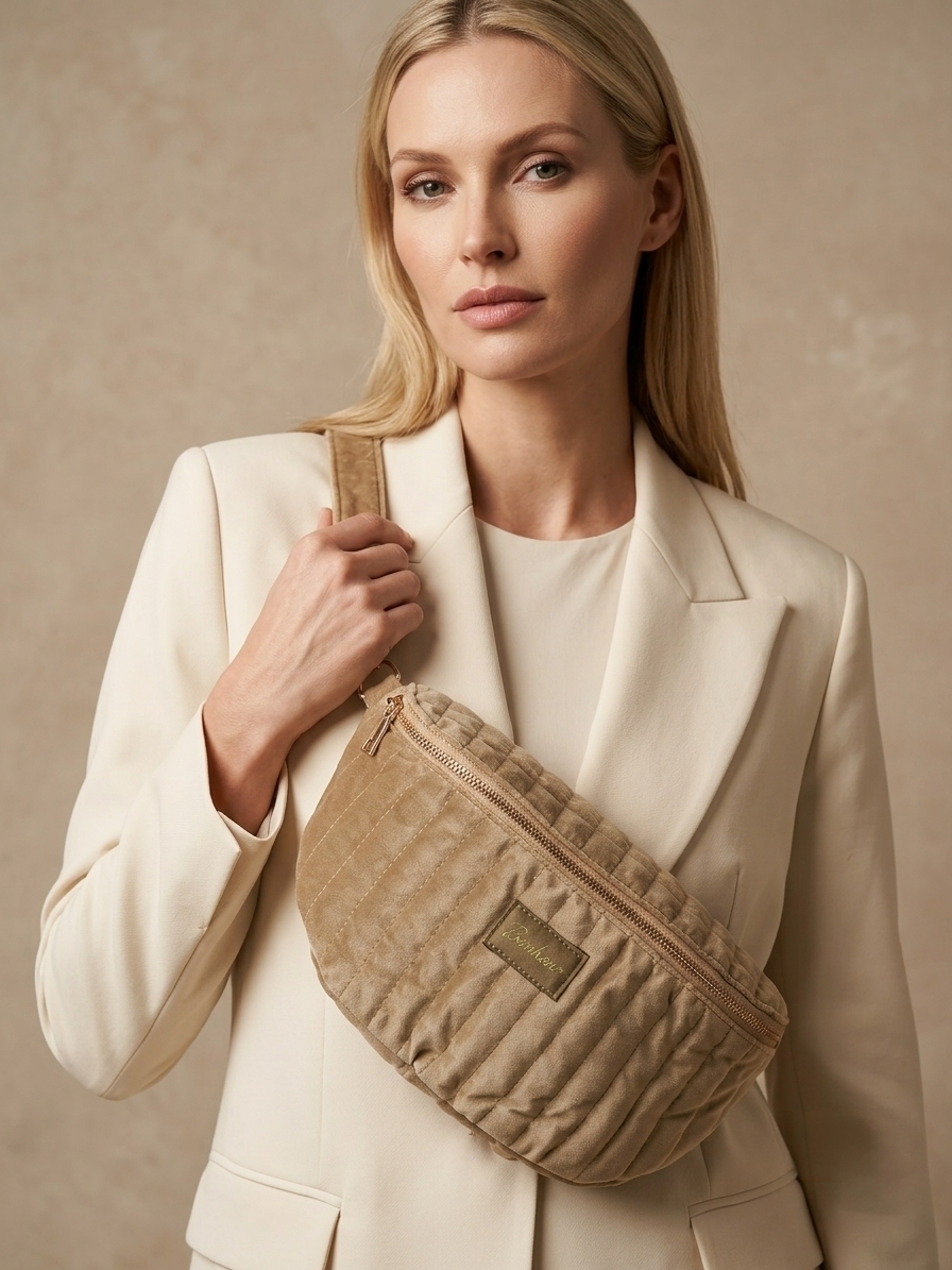Sac banane Bonheur – Velours matelassé – Marine & Taupe