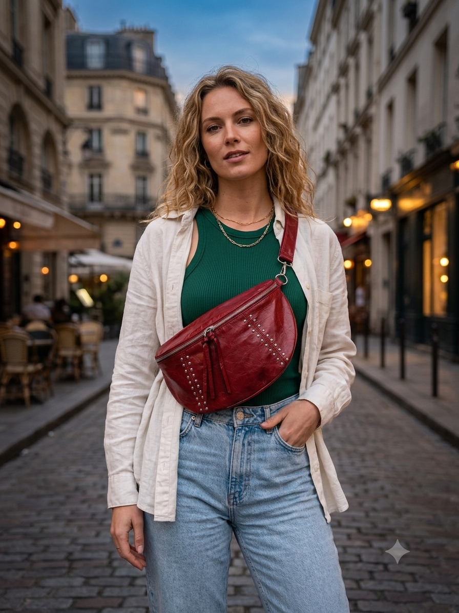 Sac banane Romy – Effet cuir clouté – Marron ou Bordeaux