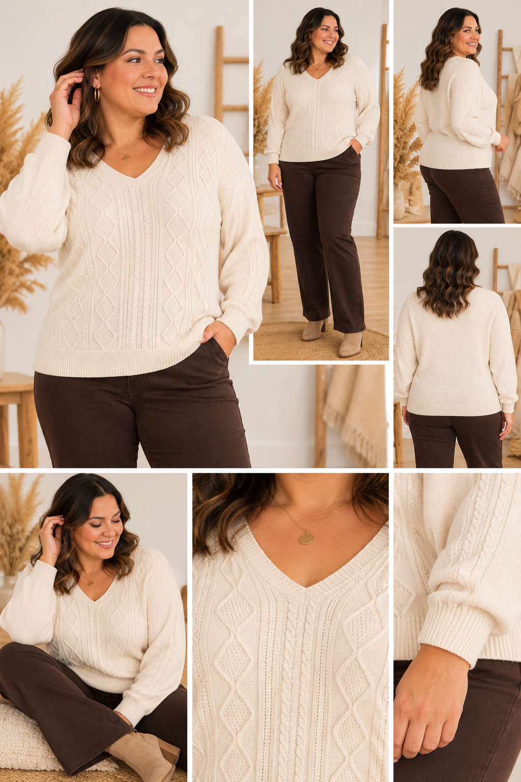 Pull Célia – Pull col V à maille fantaisie – Grande Tailles