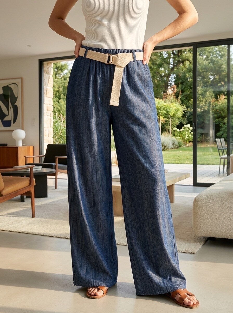 👖 Pantalon Large Fluide Ceinturé – Denim Léger Chic