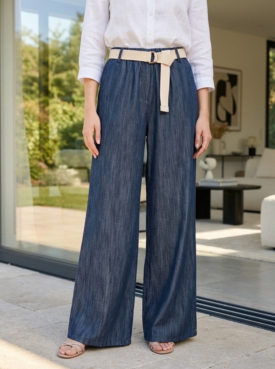 👖 Pantalon Large Fluide Ceinturé – Denim Léger Chic